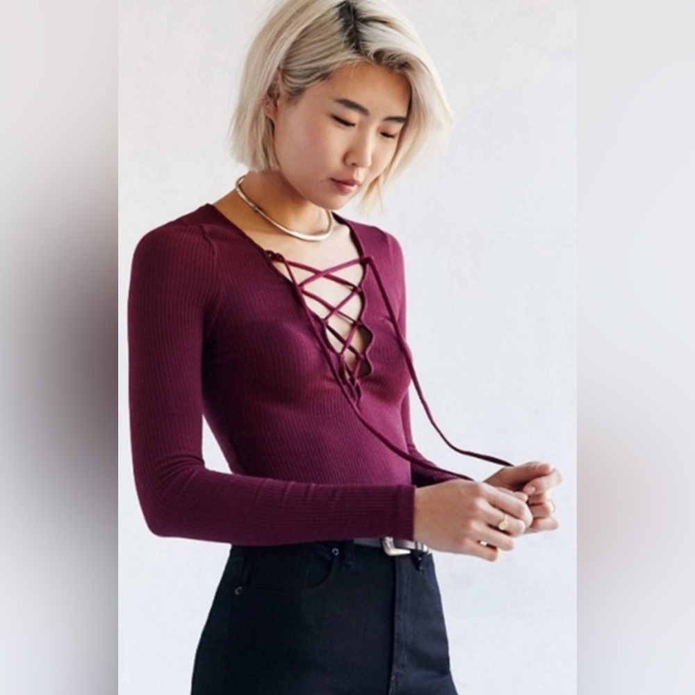 Project Social T Urban Outfitters burgundy Women’s small lace up long sleeve